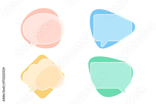Glassmorphism speech bubble set. Frosted glass effect on translucent chat box. Modern geometric shapes for communication, message, dialog, quote template. Vector element.