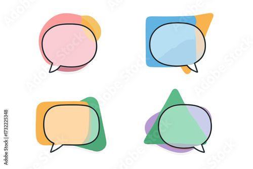 Set of modern speech bubbles with translucent glassmorphism effect. Trendy colorful geometric shapes. Vector illustration for chat, message, dialog, and communication.