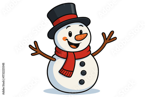 Happy smiling snowman cartoon character. Vector illustration isolated on white. Winter holiday, Merry Christmas greeting design element. Cute fun frost mascot with top hat and scarf.