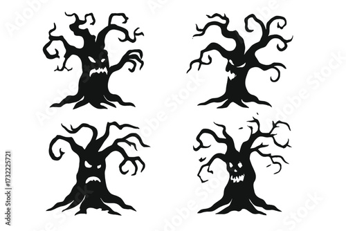 Set of four spooky Halloween monster trees. Creepy haunted forest character silhouettes. Evil scary tree with face vector illustration collection for horror or fantasy design.