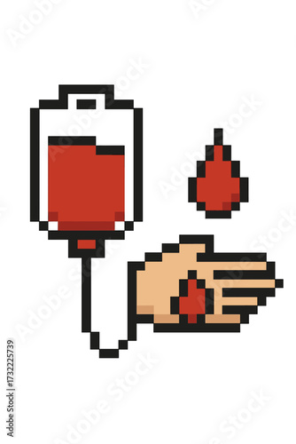 Pixel art medical icon set for blood donation or health checkup. Vector illustration of hand with blood drop for test, and IV bag for transfusion. 8-bit retro game style.