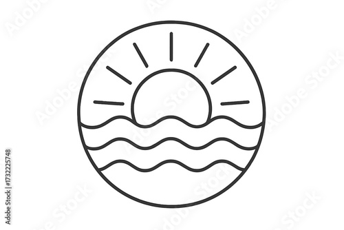Sun and waves icon. Sea sunrise or sunset logo. Summer vacation symbol. Minimalist thin line art. Ocean water travel badge. Nature landscape graphic. Round outline drawing vector.