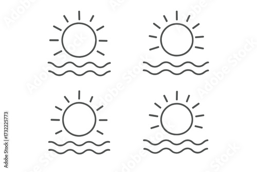 Summer sun and sea wave line icon set. Minimalist sunrise and sunset over ocean water. Simple travel and vacation logo. Vector weather, nature, and beach symbol collection.