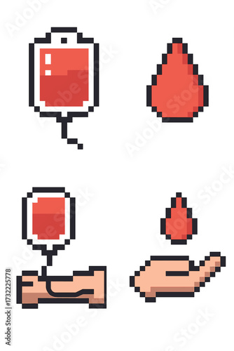 Blood donation and transfusion pixel art icon set. Medical healthcare concept. Blood bag, drop, and arm receiving transfusion. Charity, life saving, hospital symbol. Vector 8-bit.