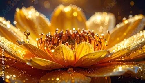 A close-up shot of a stunning golden flower with water droplets, radiating light, and a soft background. Its delicate petals appear texture rich