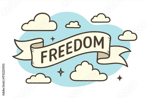 Freedom word on a vintage ribbon banner. Retro style vector illustration flying in the sky with clouds. Concept of liberty, independence, free spirit, hope, and motivation.