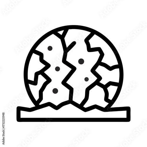 A simple line art icon depicting a spherical object with a cracked surface resting on a flat base symbolizing dryness and environmental degradation