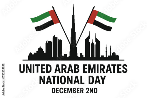 United Arab Emirates National Day, December 2nd. Vector illustration with Dubai city skyline silhouette and two waving UAE flags. Patriotic holiday event banner or greeting card.