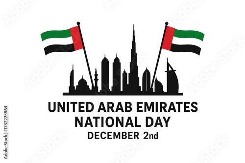 UAE National Day celebration on December 2nd. Vector illustration with United Arab Emirates flag and city skyline silhouette of Dubai and Abu Dhabi for banner or greeting card.