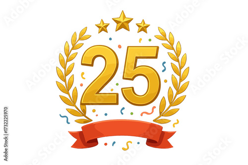 Twenty-fifth anniversary emblem. 25th jubilee celebration badge. Golden laurel wreath with stars and ribbon. Award icon for 25 years. Anniversary vector design element.