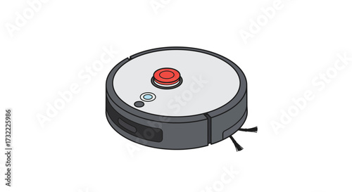 Robotic Vacuum Cleaner with Red Button and Side Brushes.
