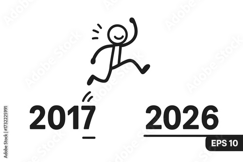 Stick figure jumping from the past to the future year 2026. Happy New Year concept. New beginning, transition, challenge, and progress. Vector for future goals.