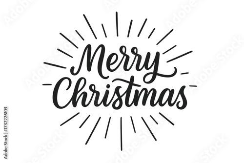 Merry Christmas vector lettering. Holiday calligraphy with sunburst rays. Festive greeting card text. Xmas celebration typography design. Hand written script on isolated background.