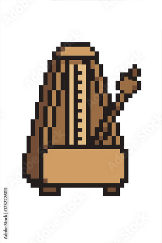 Metronome icon in pixel art style. Music equipment for rhythm, tempo, and beat. Classic wooden mechanical timekeeper symbol. Vector cartoon illustration for retro 8-bit game.
