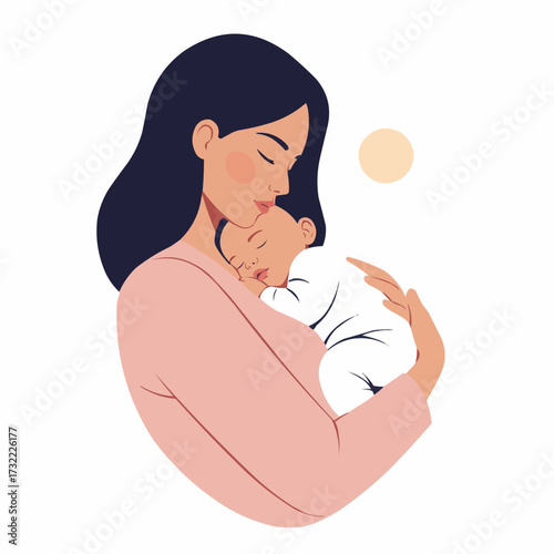 Mother gently cradling asleep baby in her arms at home  