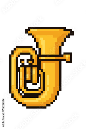 Pixel art tuba icon. 8-bit retro video game asset. Golden brass musical instrument vector illustration. Music, orchestra, band symbol. Sound, melody, concert design element.