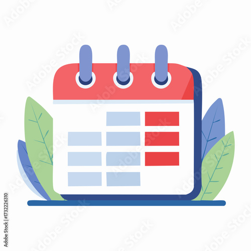 A flat vector illustration of a calendar with red and blue accents, surrounded by green and blue leaves.