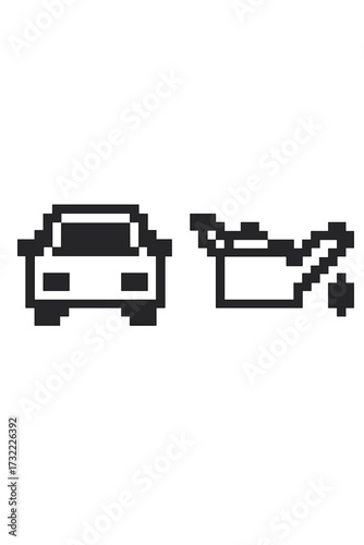 Car maintenance icon set. Pixel art style vector illustration. Oil change symbol for auto service. 8-bit retro gaming aesthetic. Vehicle repair and engine lubricant pictogram.