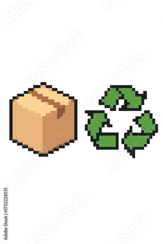 Pixel art recycling symbol and cardboard box icon set. 8-bit retro video game style graphics. Eco-friendly packaging, sustainable shipping and waste management concept.