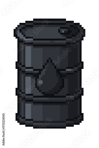 Oil barrel in pixel art style. 8 bit retro video game asset of a fuel drum. Vector icon of crude oil, petroleum, gasoline. Energy industry and fossil fuel resource concept.