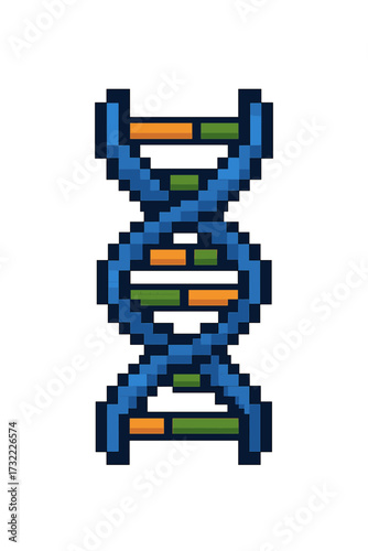 DNA pixel art icon. 8-bit retro gaming style gene helix symbol. Science and biology concept. Vector cartoon for genetics, medicine, research, evolution, heredity tech.