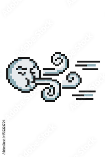 Pixel art wind character blowing air. 8-bit video game sprite of a cloud mascot. Retro weather icon. Windy gust symbol. Cartoon vector illustration for gaming assets.