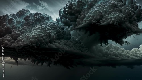 Dramatic dark storm clouds gather ominously over a still reflective surface.