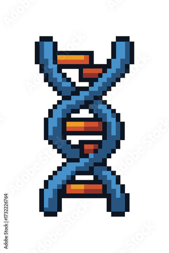 Pixel art DNA strand icon. 8-bit retro gaming style graphic. Science, biology, and genetics concept. Double helix molecule structure for biotechnology or medical design vector.