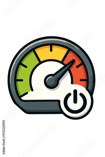 Speedometer icon with power button. Performance meter concept. Gauge symbol for speed, risk, and efficiency. Dashboard element showing high power level. Vector illustration.