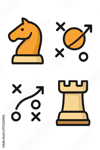 Strategy and tactics icon set. Chess knight and rook pieces with game plan diagrams. Vector illustration for business planning, competition, goals and solutions. Management concept.