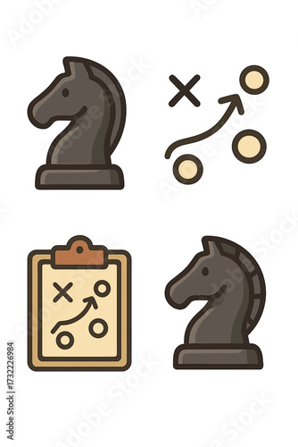 Business strategy and tactics vector icon set. Chess knight, clipboard with game plan for management, marketing. Metaphor for competition, challenge, solution and leadership.