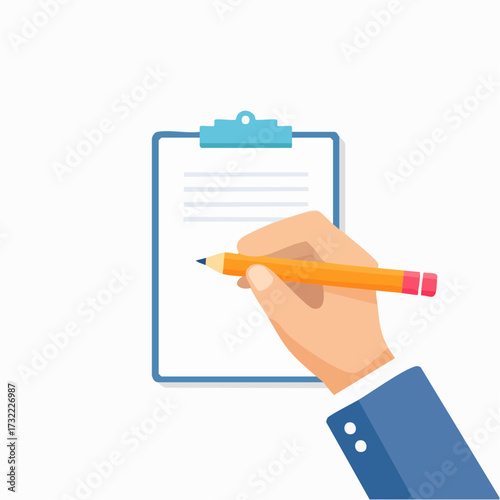 Hand holding a pencil writing on a clipboard with lined paper, isolated on white.