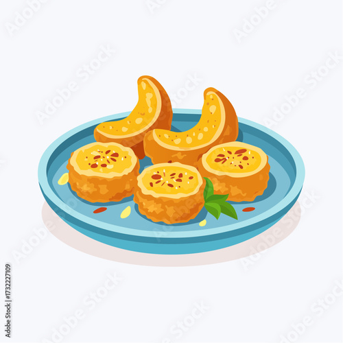 Illustration of a blue plate holding five golden-brown fried cakes topped with yellow filling, garnished with orange slices and basil.