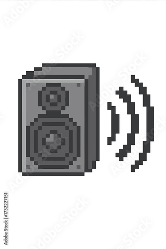 Pixel art speaker icon. 8-bit sound system symbol. Retro video game music audio object. Vector illustration of a loudspeaker with soundwaves. Volume, stereo, woofer concept.