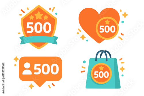 500 followers and likes celebration vector icon set. Thank you for 500 subscribers achievement badge. Social media marketing goal success. Shopping sales milestone illustration.