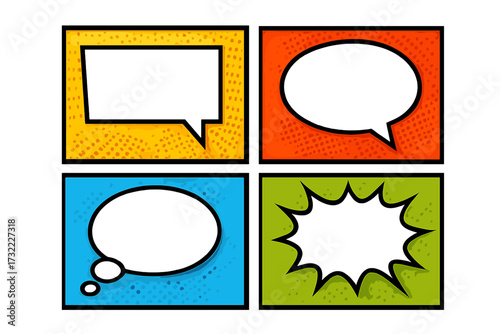 Comic speech bubbles set on colorful pop art background with halftone effect. Retro cartoon vector talking, thinking, shouting cloud and balloon for text, message or quote.