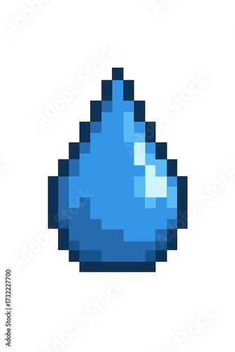 Water drop icon in pixel art style. Vector cartoon illustration of a blue liquid droplet. Retro 8-bit video game asset sprite. Isolated graphic element, aqua symbol.