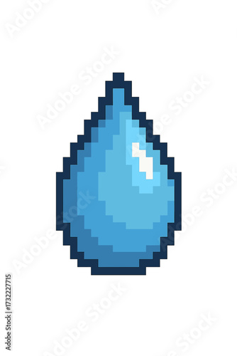 Water drop pixel art icon. 8-bit liquid droplet sprite for retro video games. Blue aqua tear symbol. Abstract graphic element for gaming interface. Vector cartoon isolated.