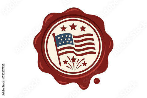 Fourth of July wax seal with American flag. USA Independence Day patriotic vector icon. Vintage stamp design with stars and fireworks for holiday celebration and decoration.