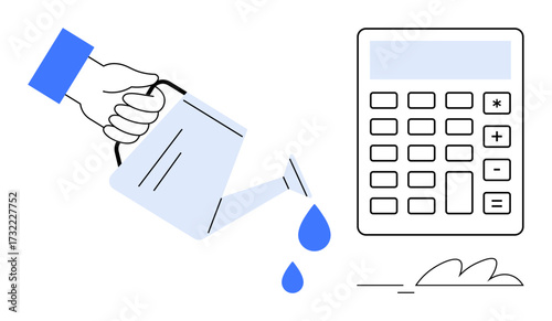 A hand pouring water from a can with drops falling near a calculator suggesting financial growth, investment, or sustainability. Ideal for finance, growth, investment, productivity, resource