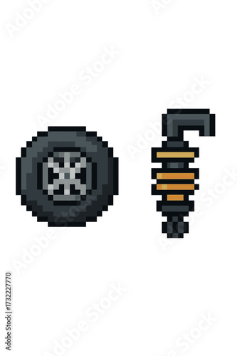 Pixel art car parts set. 8-bit retro game sprite asset. Wheel, tire, and suspension shock absorber icons. Automobile repair service symbol. Vector isolated cartoon graphic.