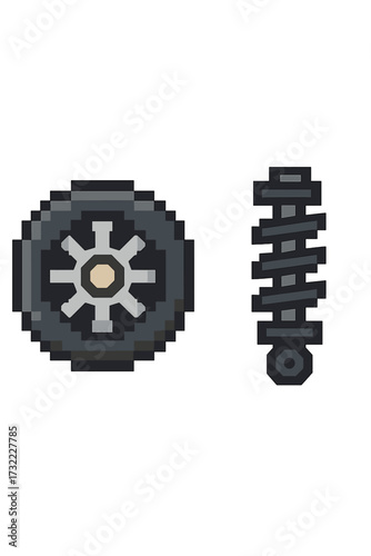 Car wheel and suspension shock absorber pixel art icon set. 8-bit automotive parts for retro video game. Vector illustration for car service, mechanic or racing game asset.