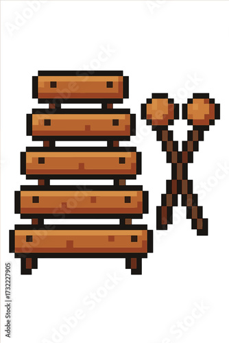 Xylophone pixel art icon. Retro 8-bit video game music instrument symbol. Vector cartoon illustration of a wooden percussion musical instrument with mallets for melody and sound.