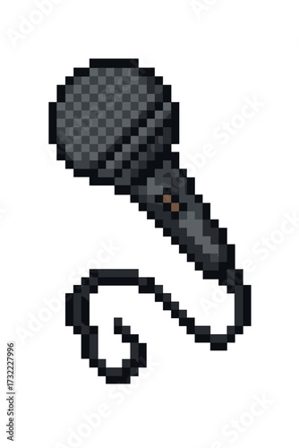 Microphone pixel art icon. 8-bit retro gaming music symbol. Vector for podcast, karaoke, voice record or interview. Audio sound equipment cartoon illustration isolated.