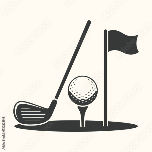 Vector art of silhouette of a golf club, golf ball on a tee, and a flag on a golf course, representing the sport of golf and outdoor recreation