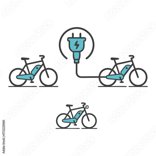 Illustration of electric bikes being charged by a plug, representing eco-friendly transportation and sustainable mobility solutions for urban commuting.