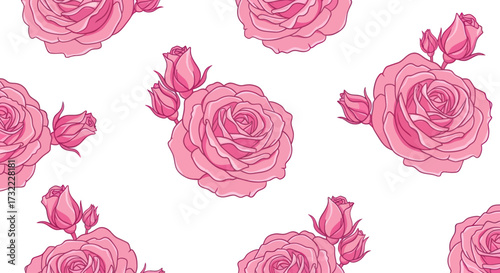 Pink rose seamless pattern. Open roses and buds on a white background.