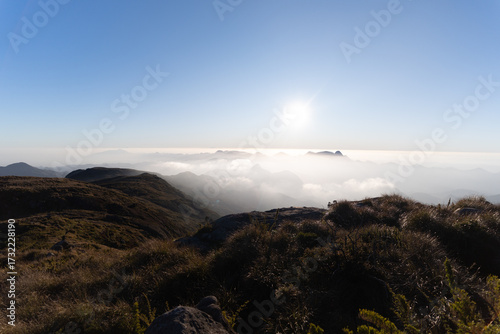 Beautiful view of the Brazilian mountains during the adventure and trail crossing and hike between Petrópolis and Teresópolis in the Serra dos Órgãos National Park (PARNASO).