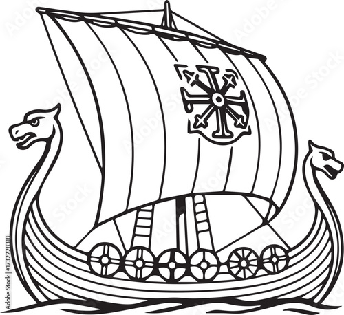 A detailed contour line art of a long Viking ship with a sail