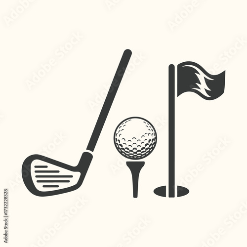 Vector art of a graphic illustration of a golf club, golf ball on a tee, and a flag on a pole with a hole, representing the sport of golf and its equipment, isolated on a light beige background